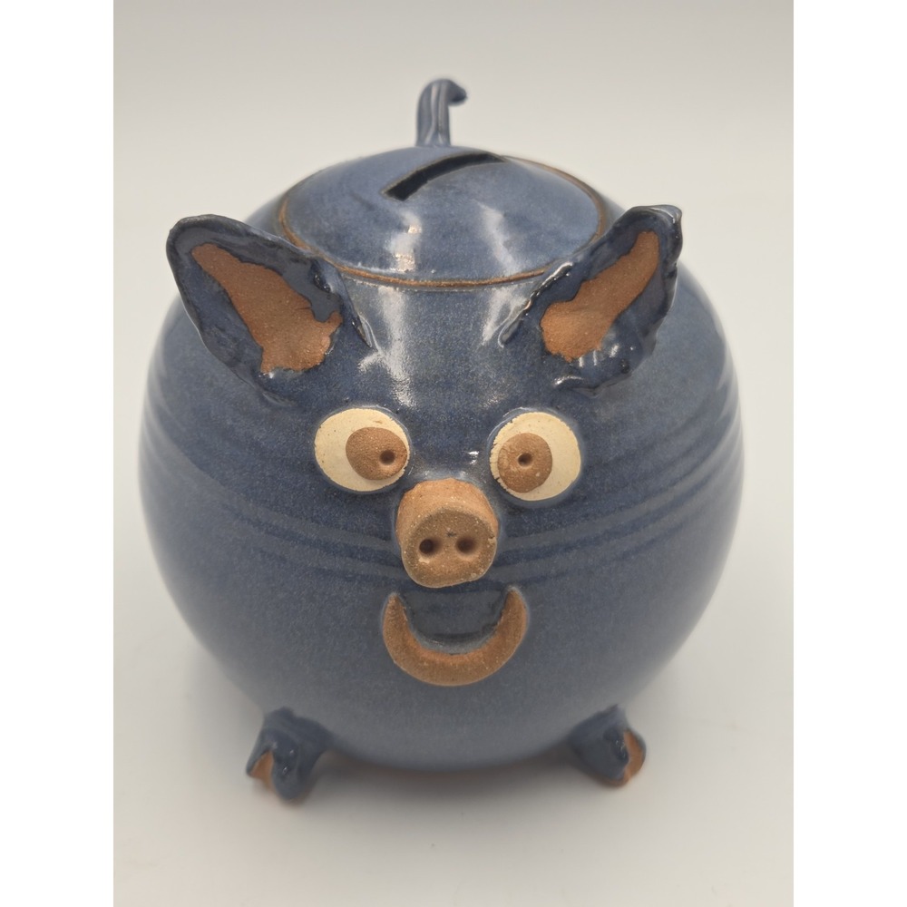Vintage Studio Art Pottery/Stoneware Crock PIG Piggy Bank Blue Handmade